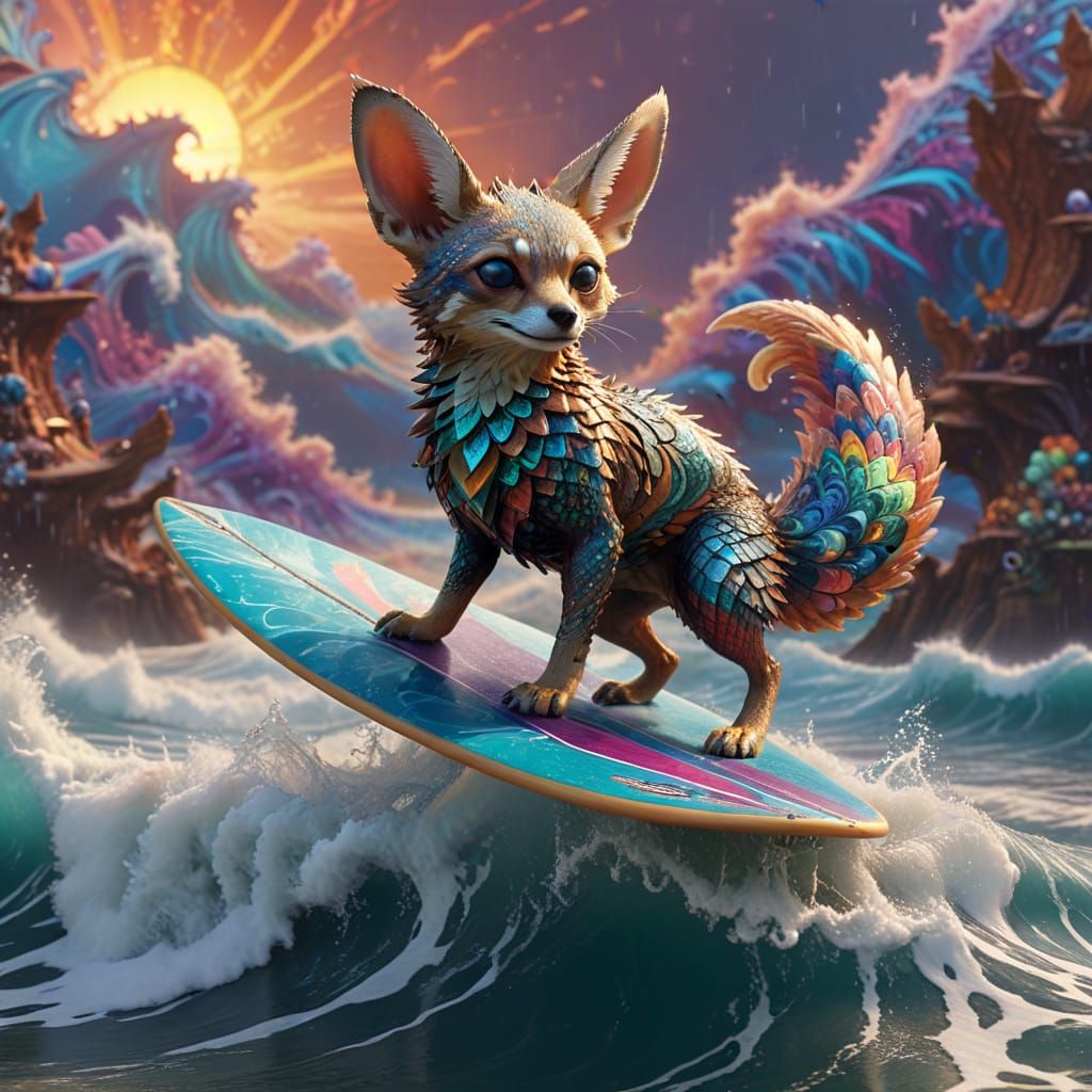 Surreal Peacock Fennec Surfer Rides Fractal Waves in Epic Su...
