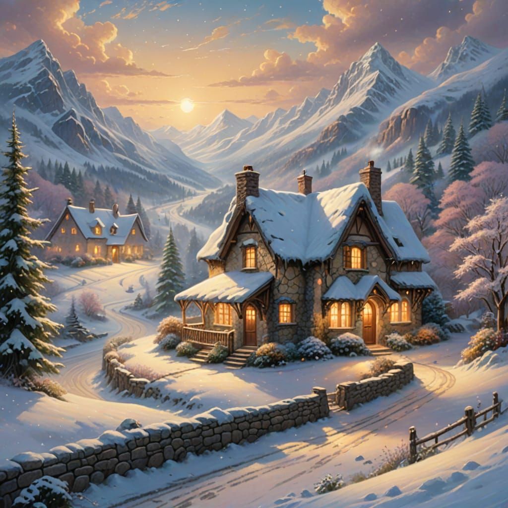 Quaint Cottage in Snowy Valley, Kinkade Style