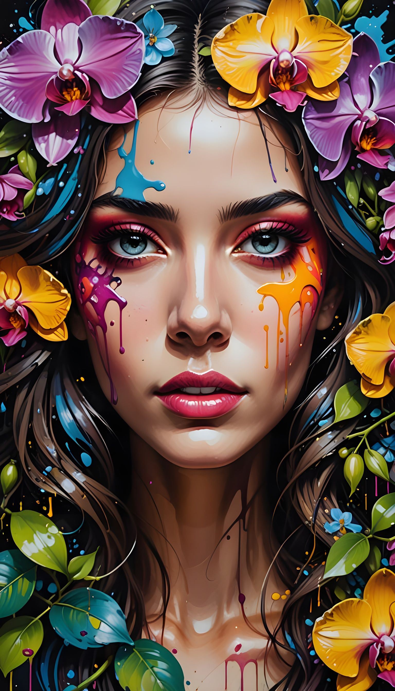 Beautiful Woman Portrait with Roses and Orchids