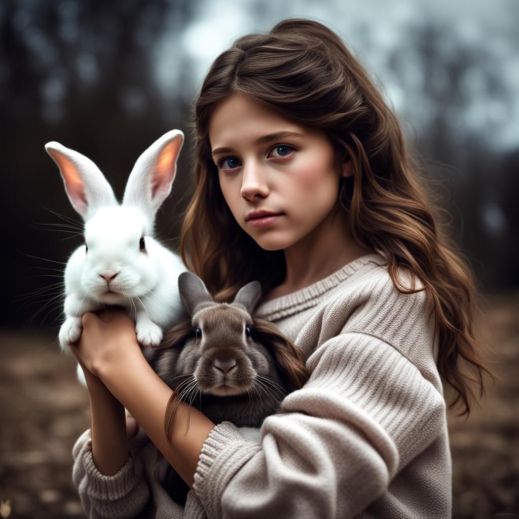 Girl with Rabbit: Hyperrealistic Portrait