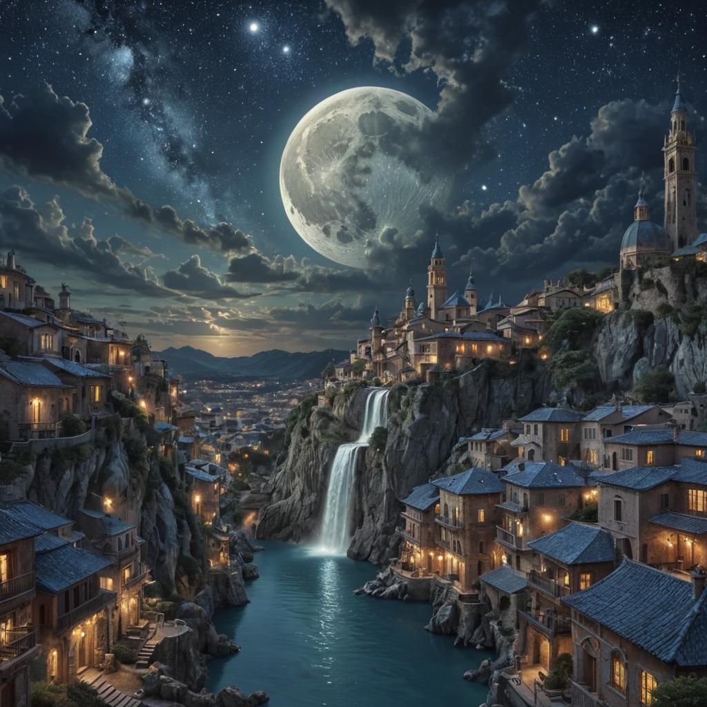 Surreal Moonlit Cityscape with Opal Waterfall