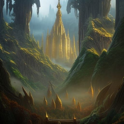 Epic Elven City in Forest: Detailed Digital Painting