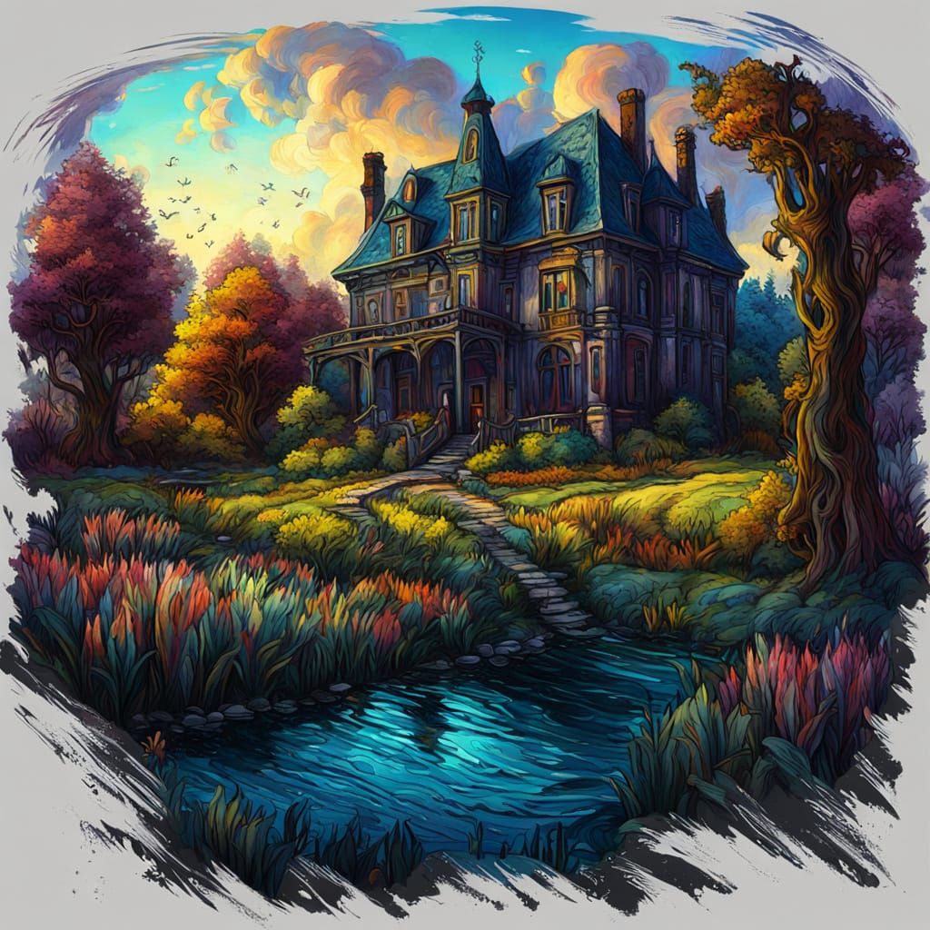 Lush Meadow and Fountain: Detailed Expressionist Matte Paint...