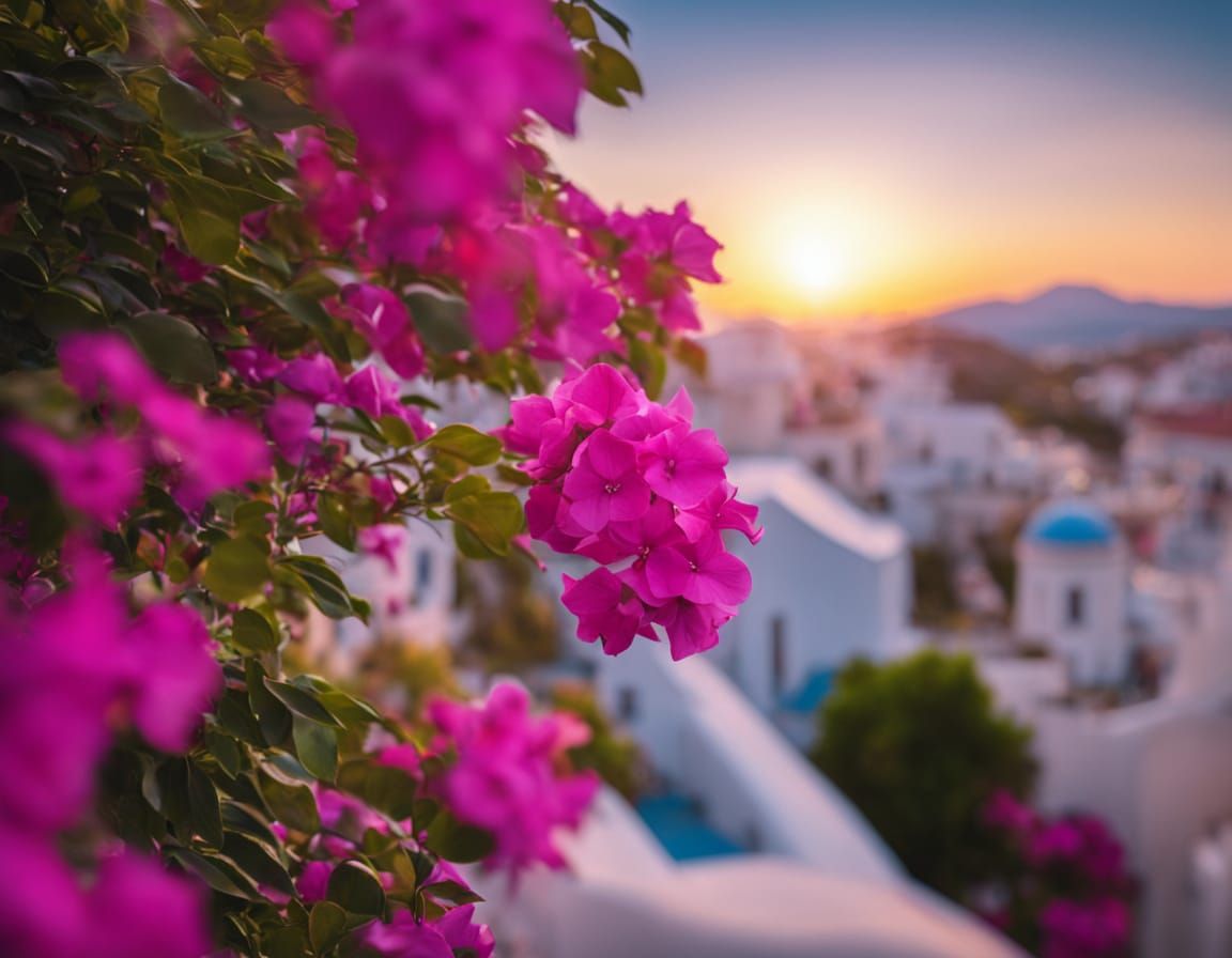 Santorini's Whitewashed Houses and Blue Domes at Sunset