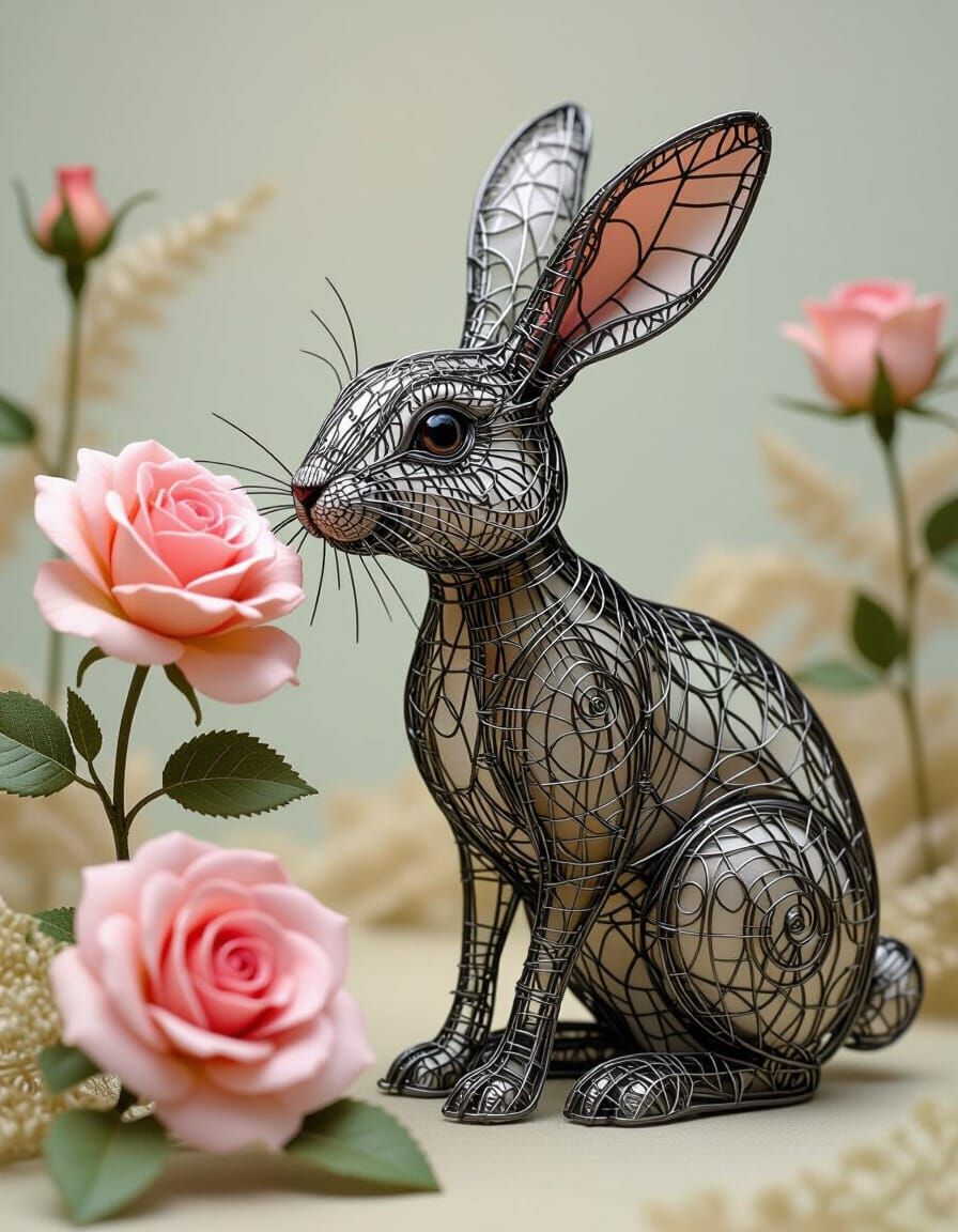 Ethereal Wire Rabbit Sniffing Roses Sculpture