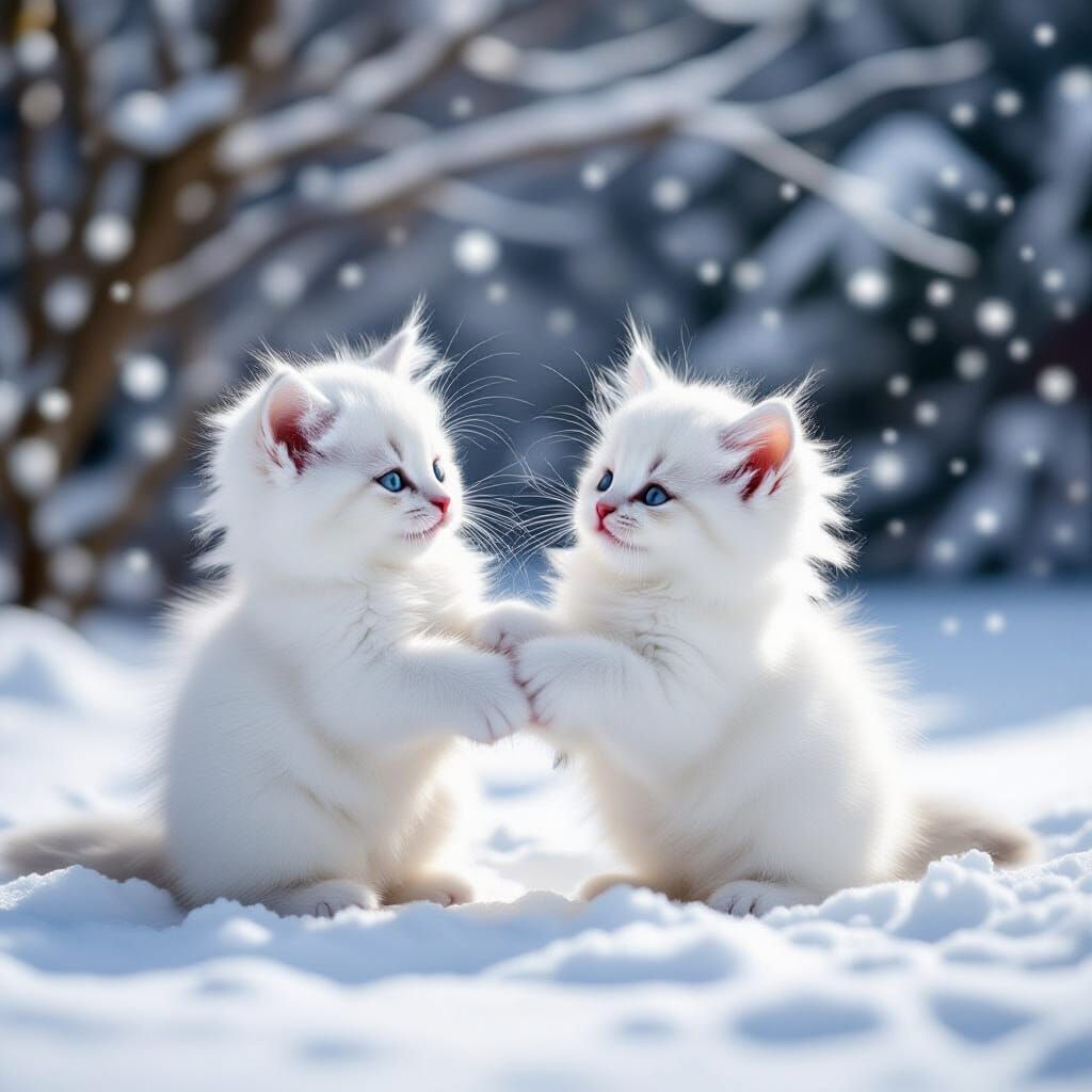 Fluffy White Kittens Playing in a Snowstorm: Abstract Art