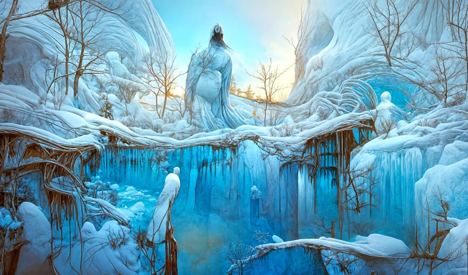 Ethereal Beksinski-Inspired Winter Scene with Blue Ice