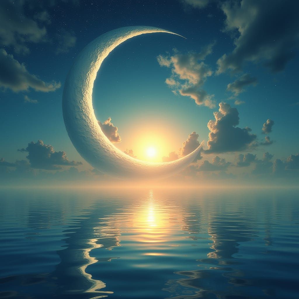 Crescent Moon Wraps Azure Sun Over Serene Sea