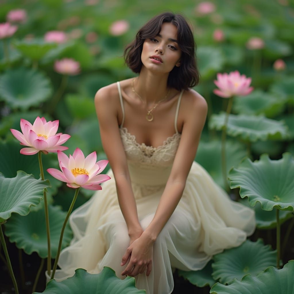 Elegant Supermodel in Lotus Garden Oasis