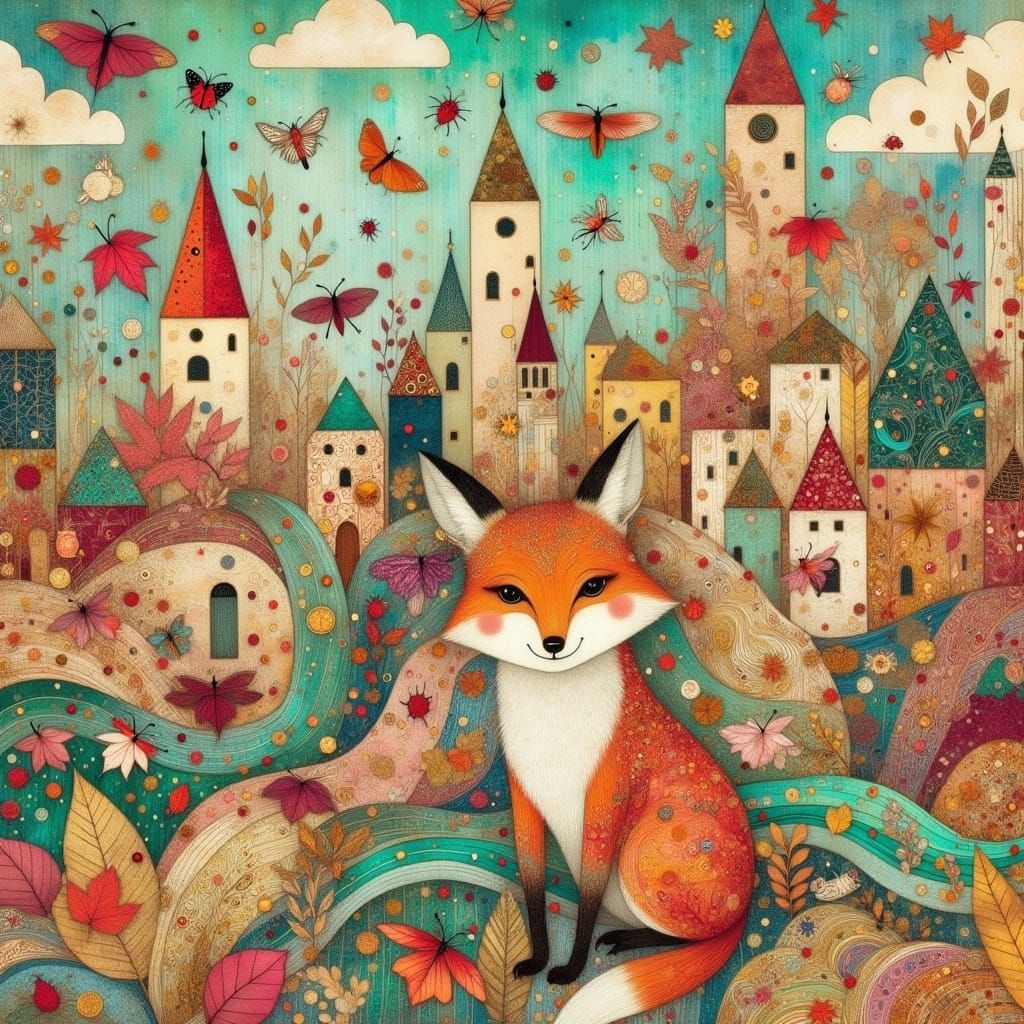 Whimsical Cityscape in Earth and Teal Palette