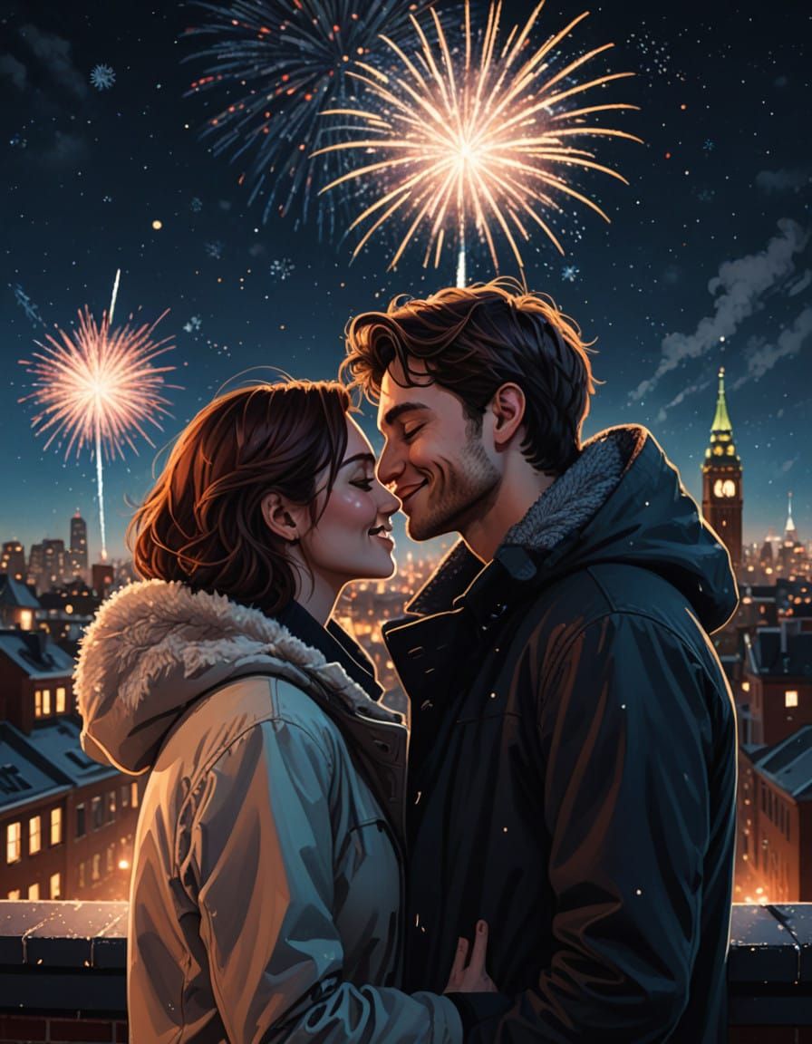 Romantic New Year's Eve City Rooftop Kiss in Vibrant Splash....