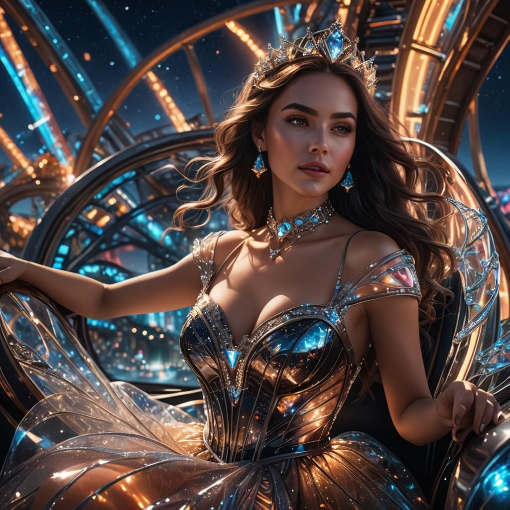 Woman on Rollercoaster in Glass Dress: Digital Art