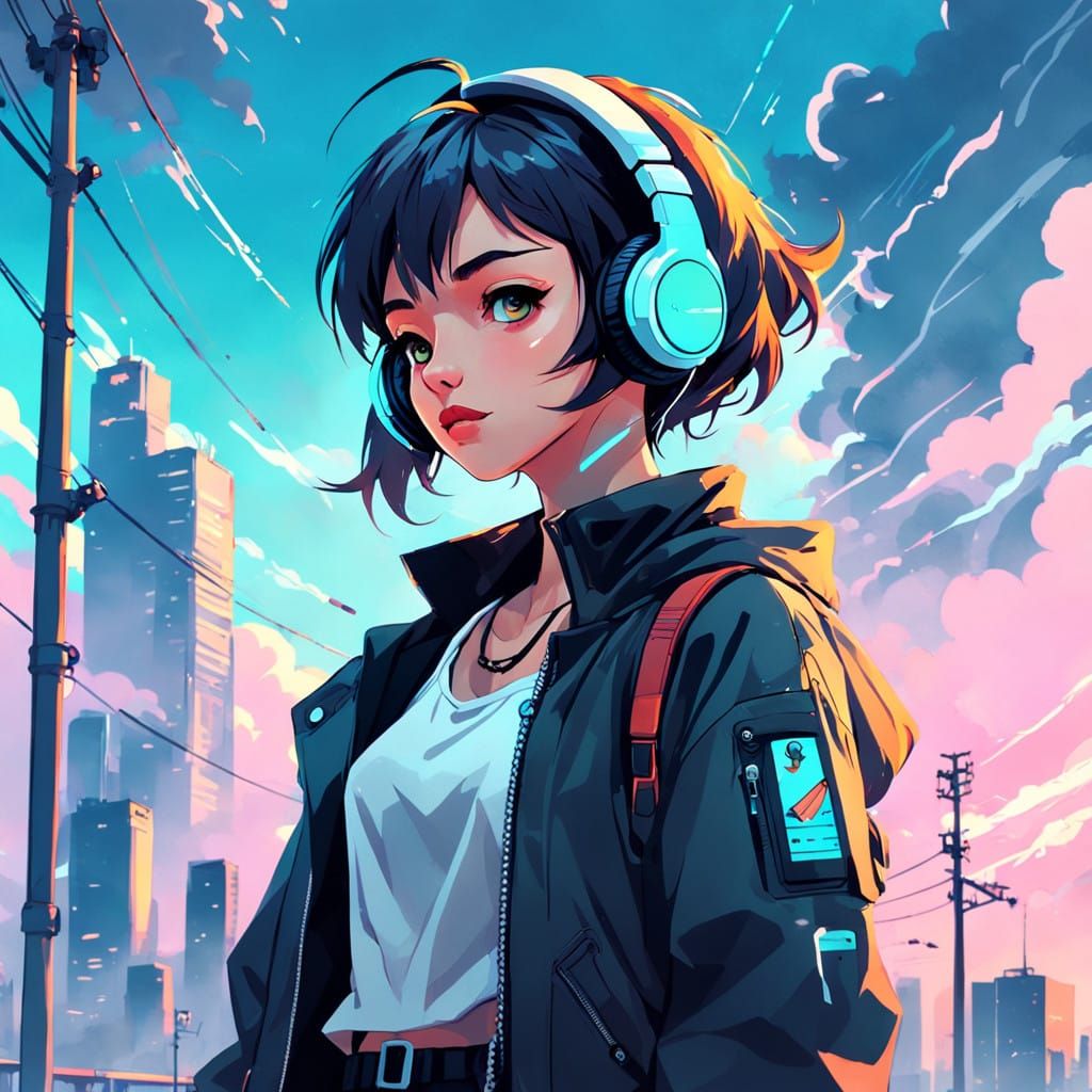 Cyberpunk Lady Under Soft Skies