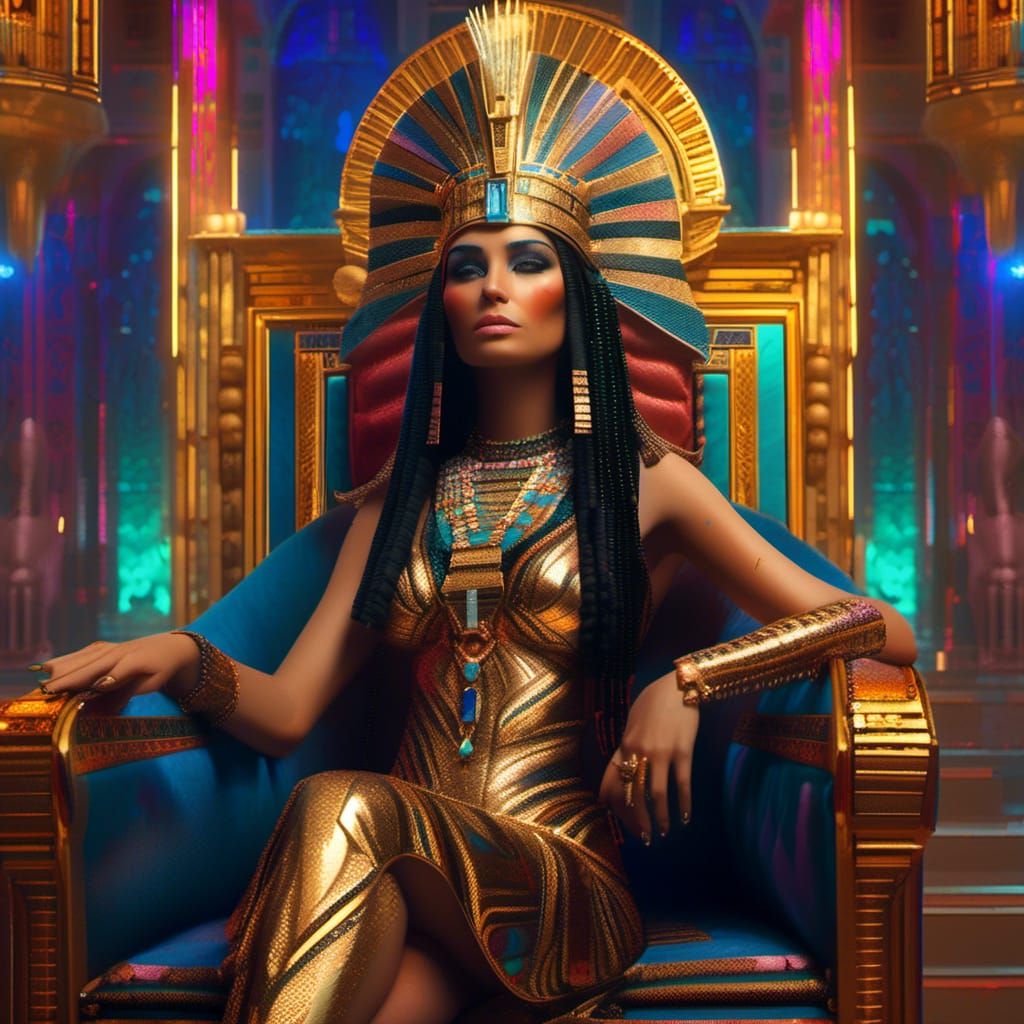 Cleopatra on Golden Throne with Sparkling Jewels