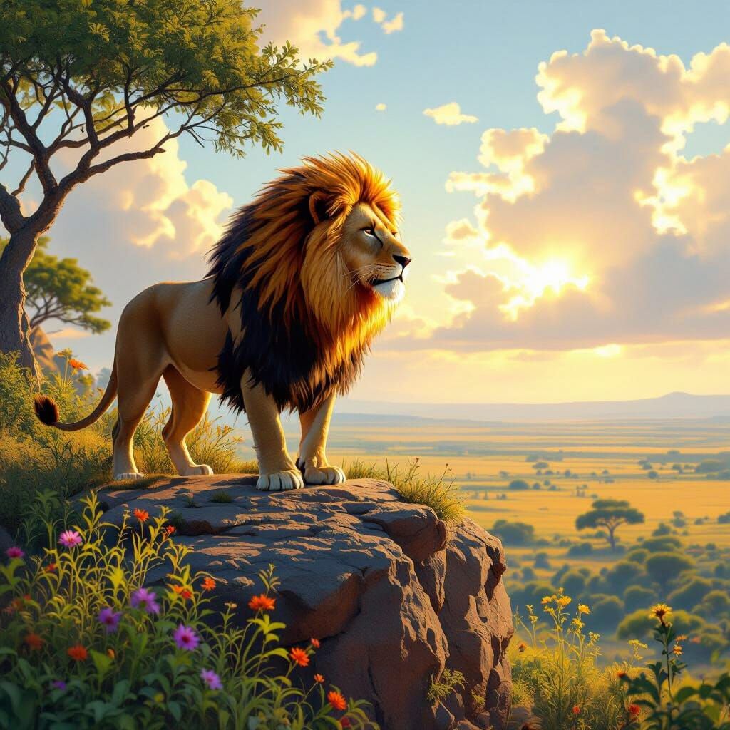 Fiery Lion Overlooking Savannah in Digital Painting Style