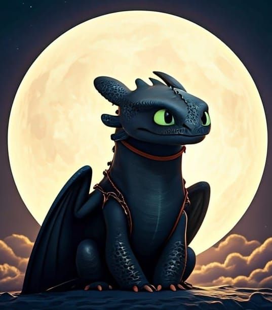 Toothless soars under a Celestial Moon