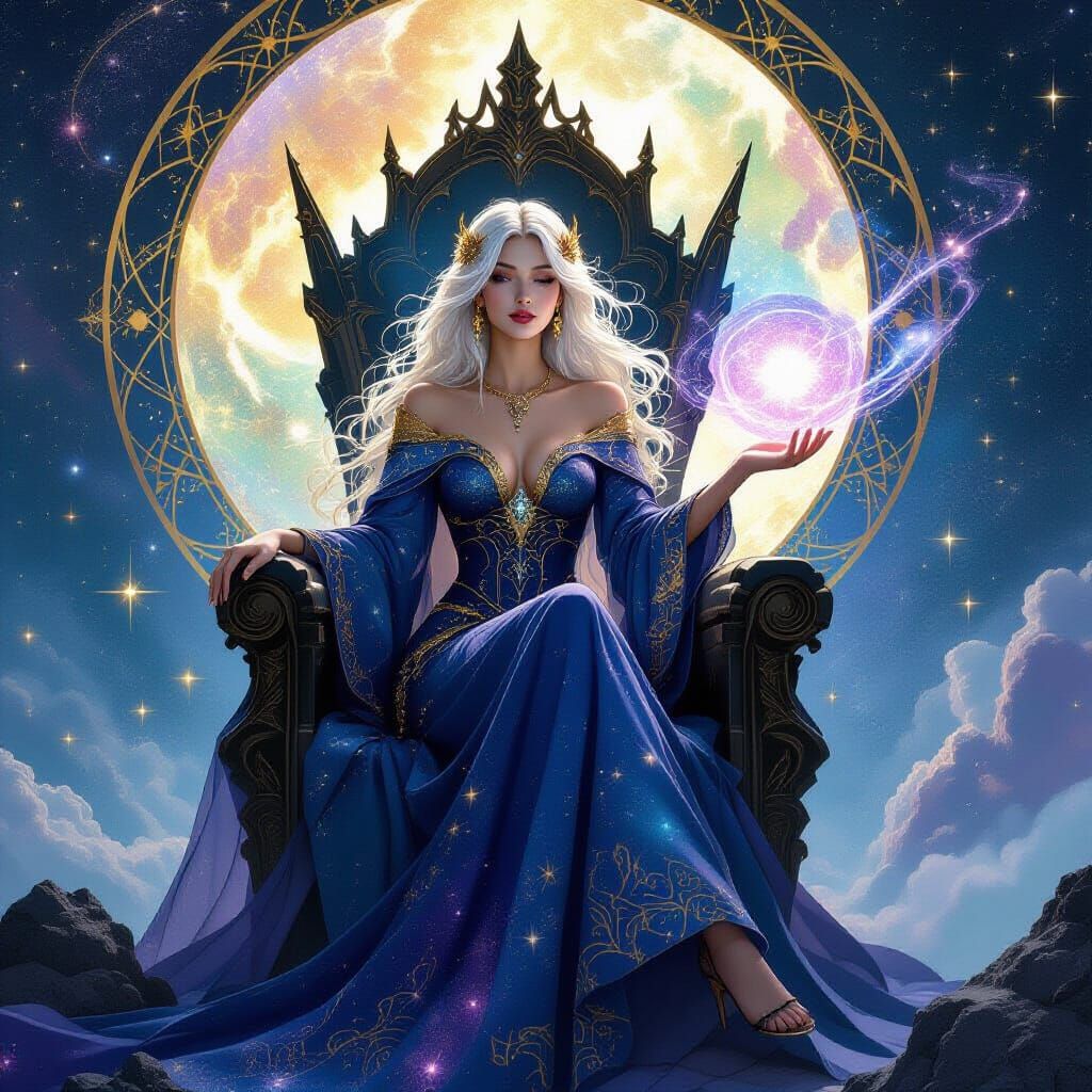 Celestial Sorceress Conjuring Galaxies in Ethereal Light