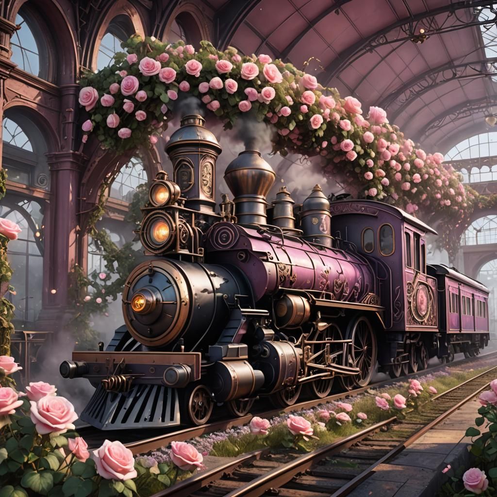 Steampunk Train with Roses in Soft Colors