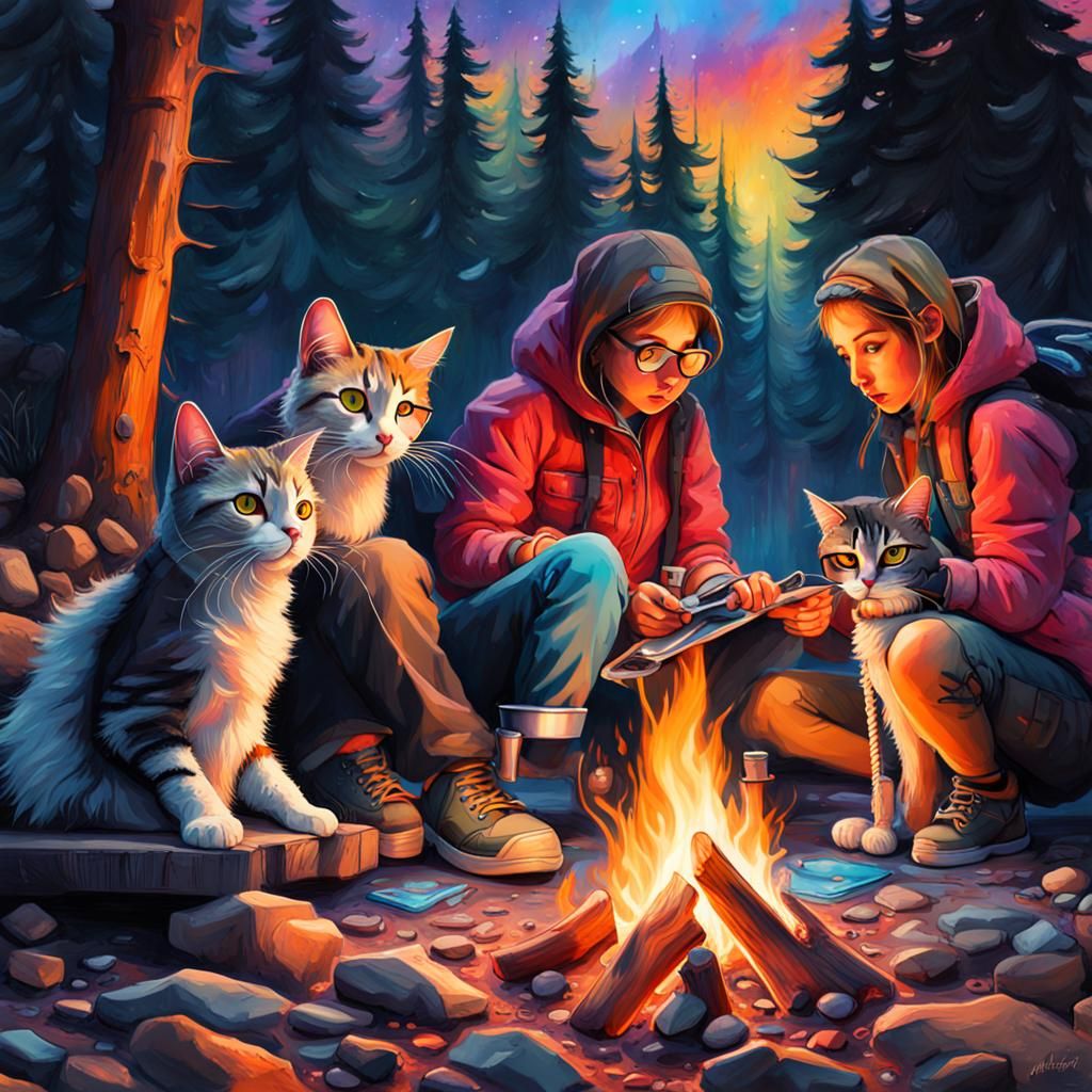 Cats' Midnight Campfire Retreat in Graffiti Art Style