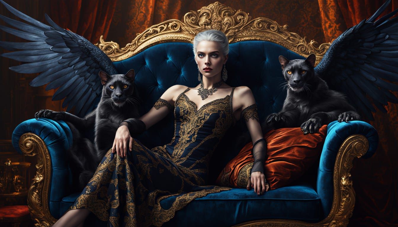 Vampire Queen with Panther in Opulent Oil Painting