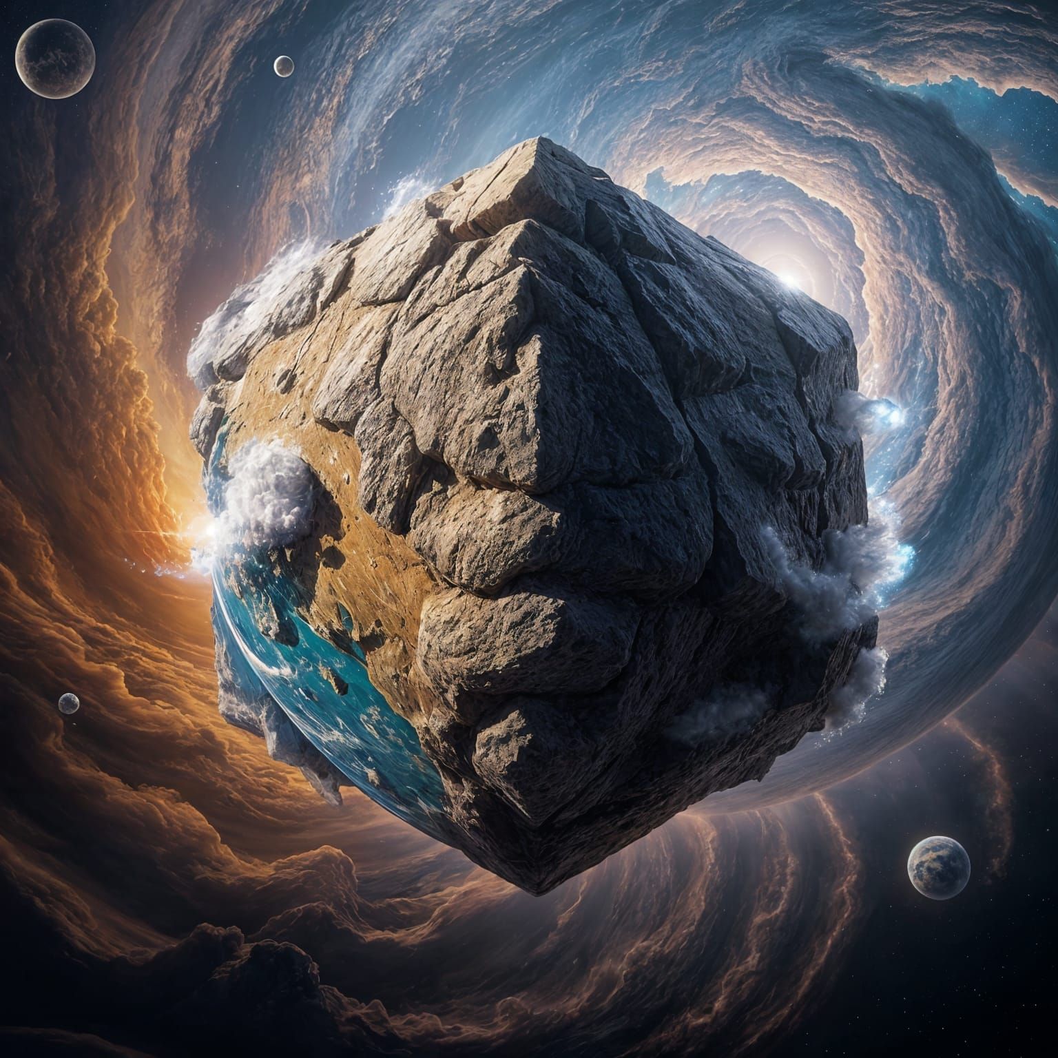 Cube-Shaped Planet in Deep Space with Desert and Water Storm...