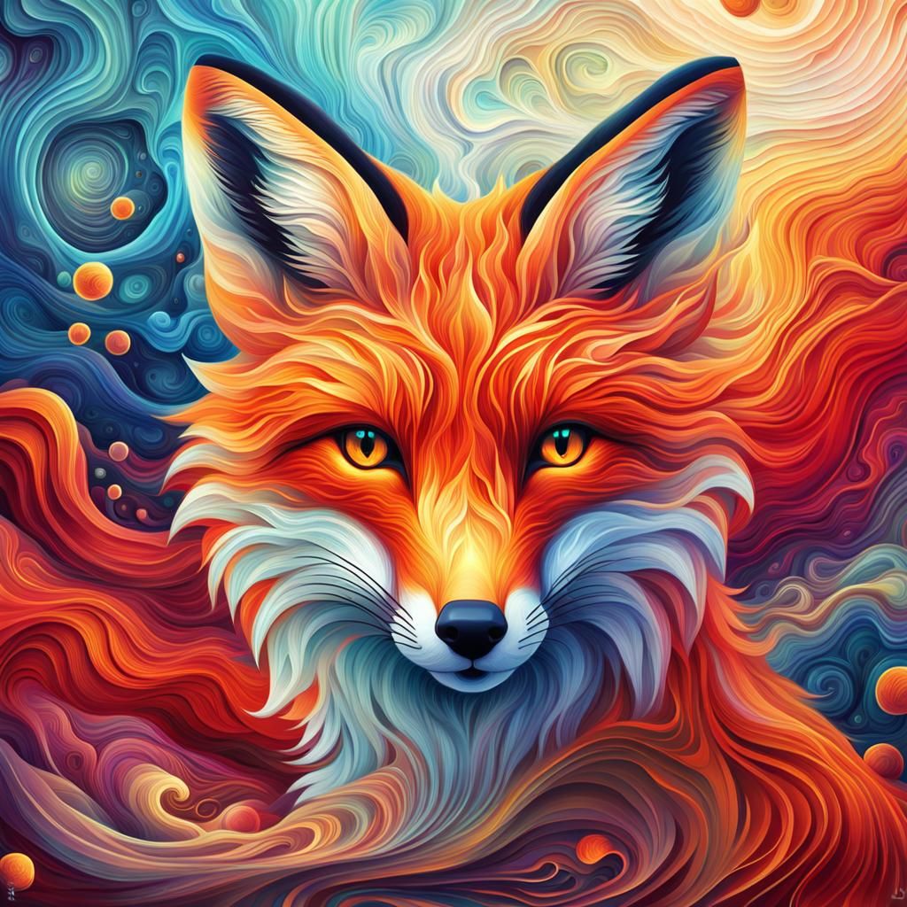 Dreamy Red Fox in Astral Landscape: Neo-Impressionism