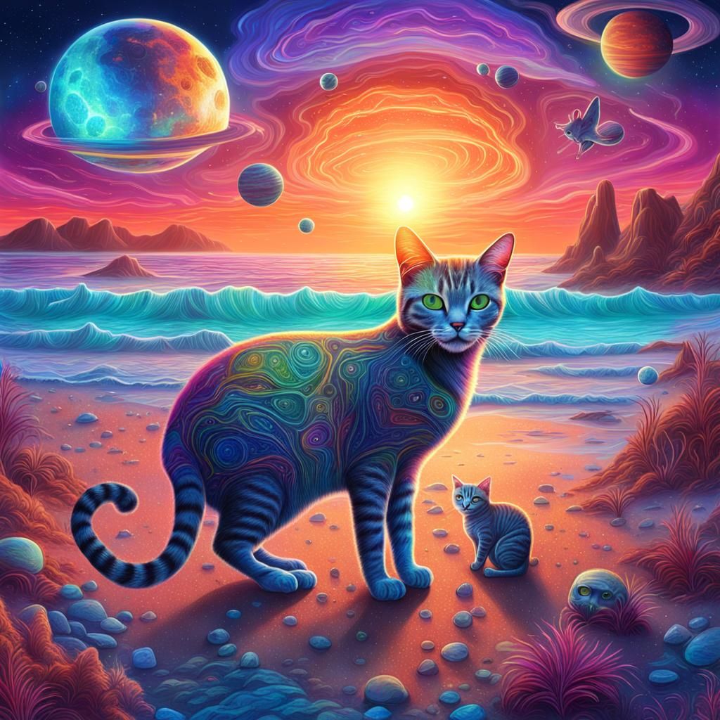 Alien Cats Enjoy Sunset on Alien Beach
