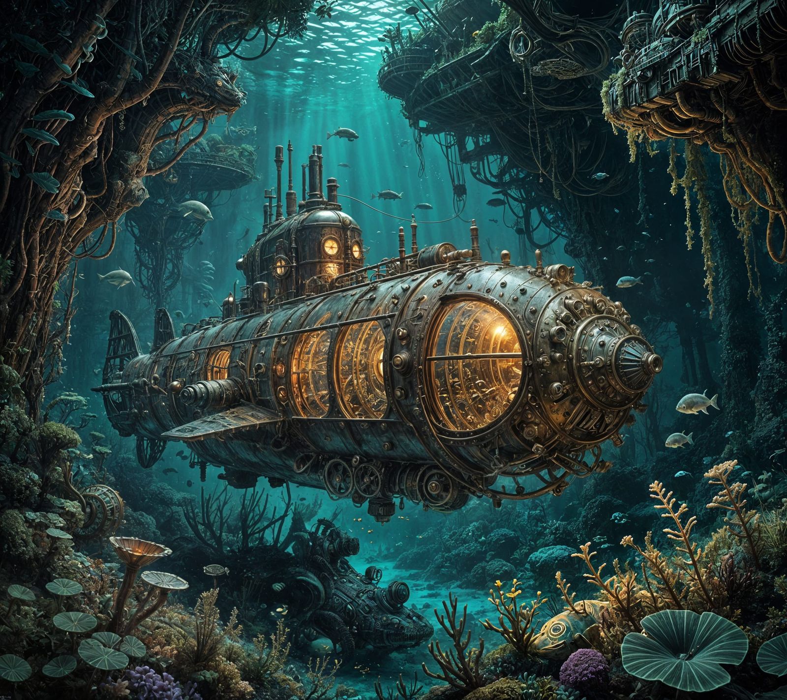 Steampunk Submarine Exploring Bioluminescent Depths