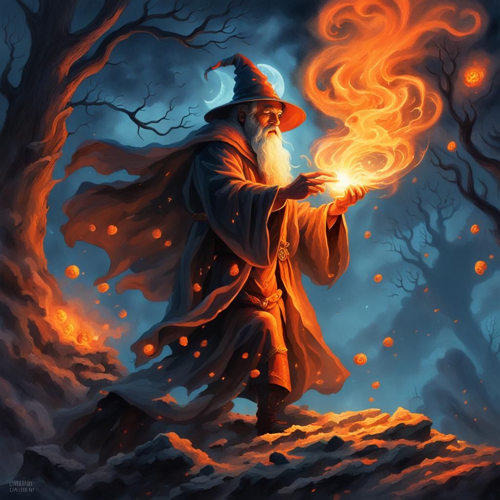 Wizard Casting Spell in Moonlit Night, Fantasy Illustration