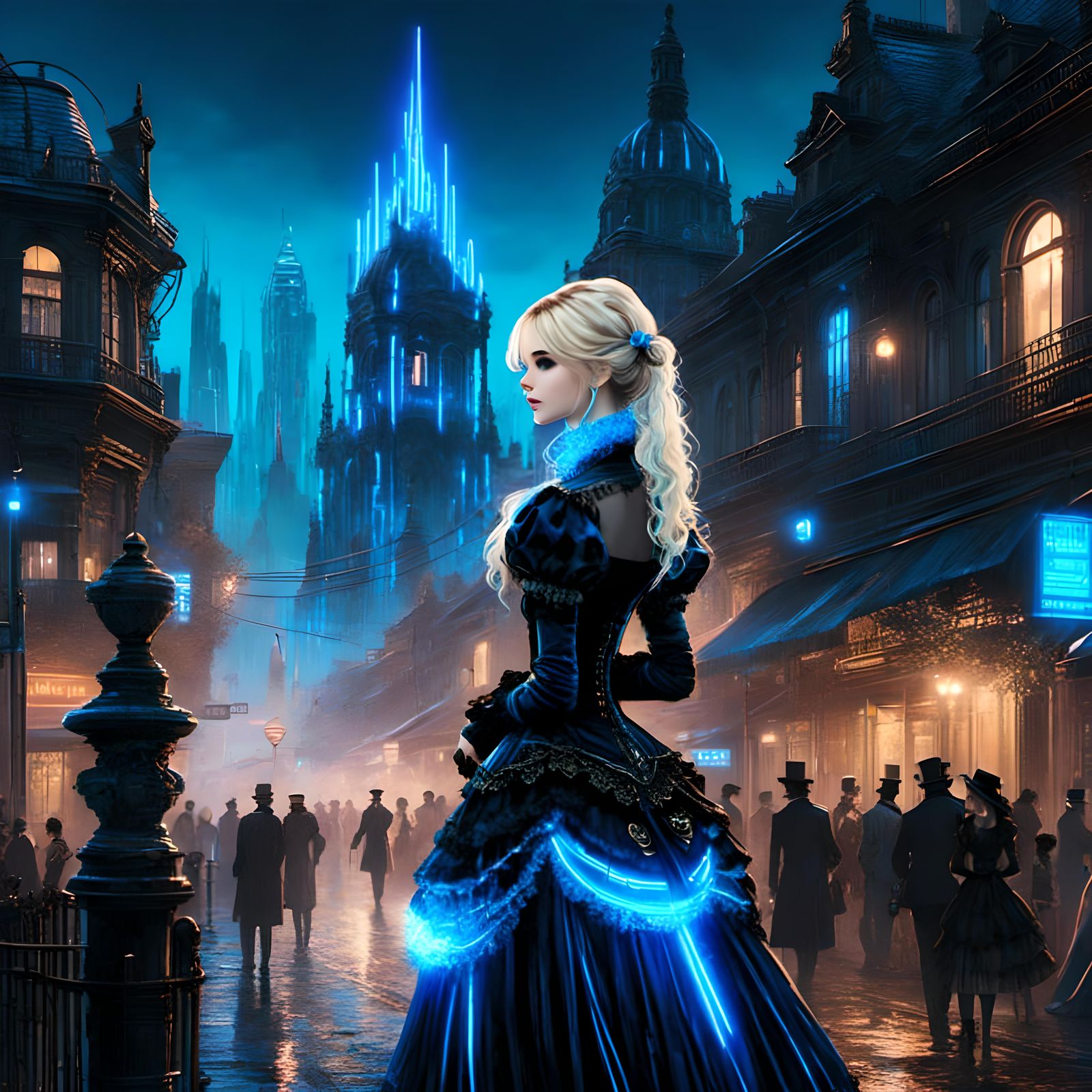 Cyberpunk Victorian Girl in Glowing Dress