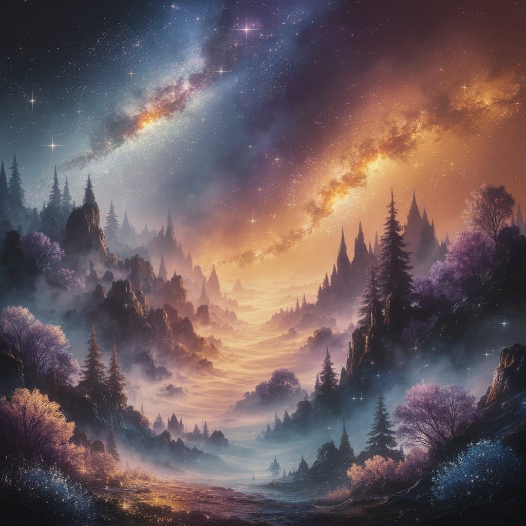 Ethereal Fantasy Landscape with Sparkling Stardust Mist
