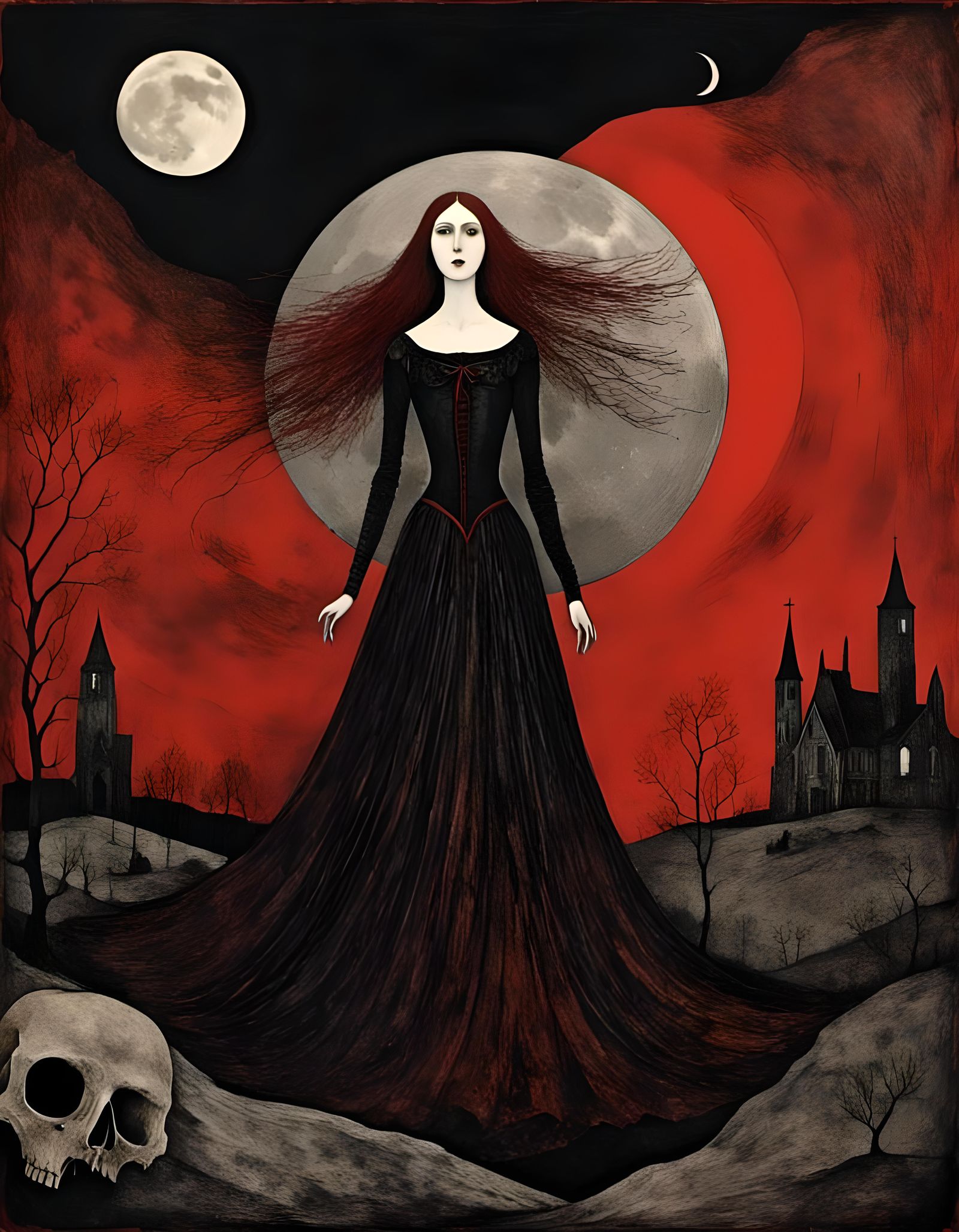 Gothic Vampire Woman Above Graveyard in Charcoal