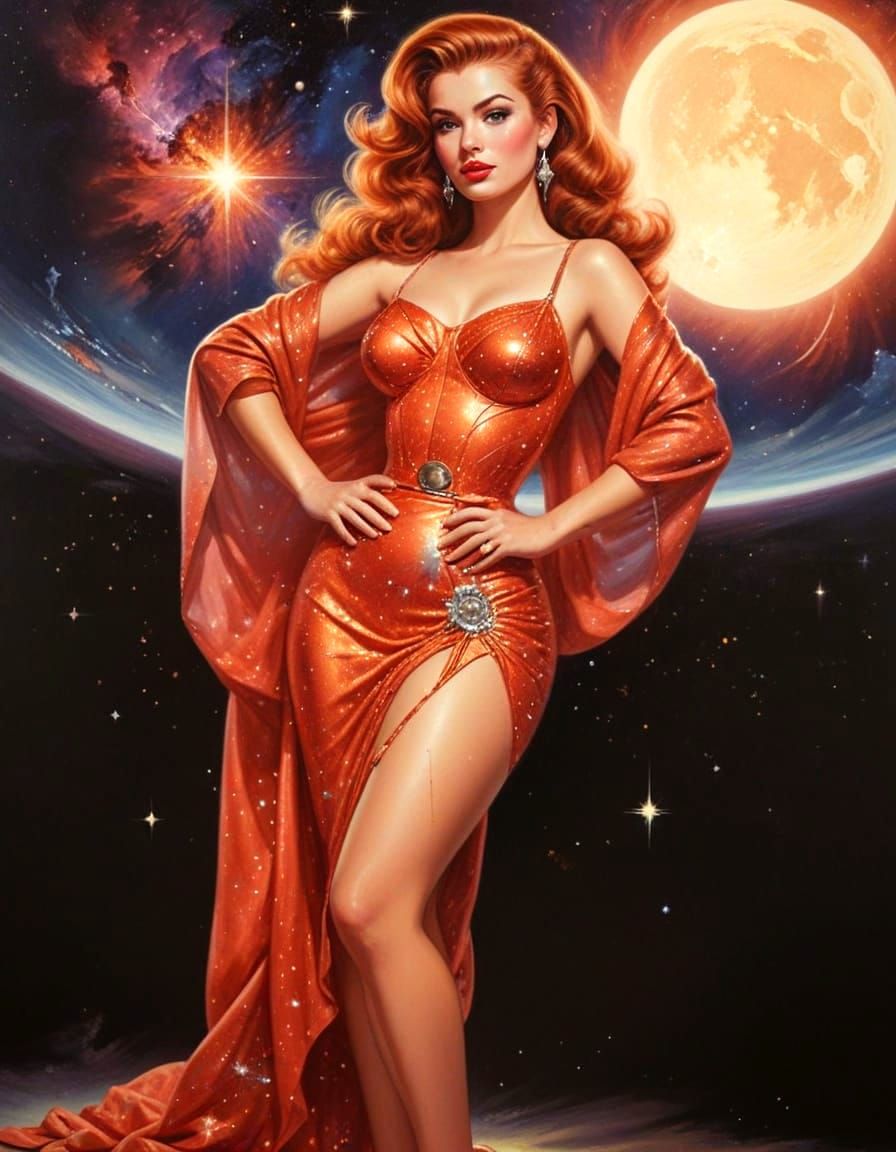 Sultry Retro-Futuristic Pinup in Cosmic Oil Painting
