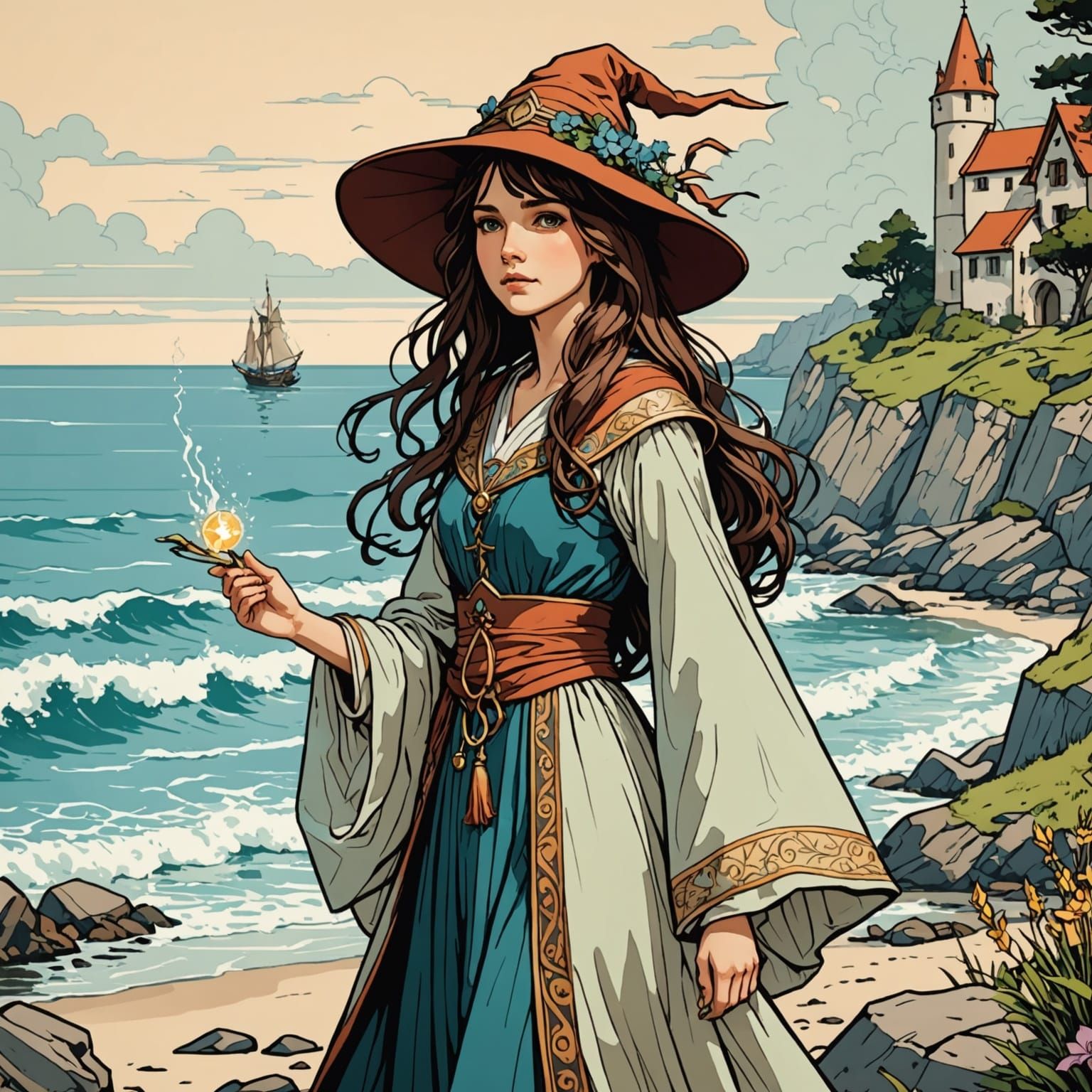 Girl Wizard on Seashore in Anime Style