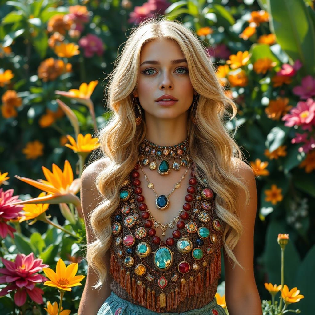 Golden-Haired Woman in Exotic Garden: Fantasy Concept Art