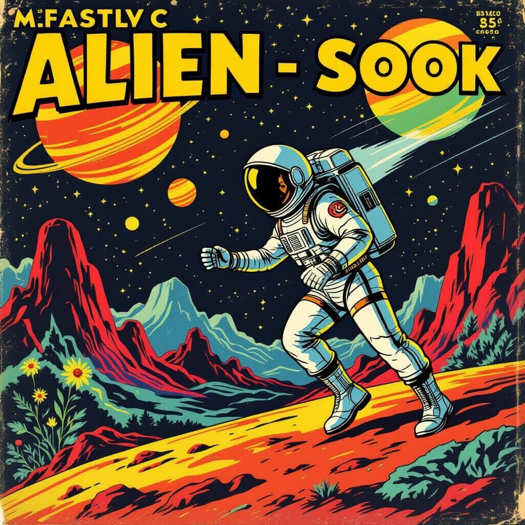Retro Sci-Fi Comic Cover: Astronaut Explores Alien Planet