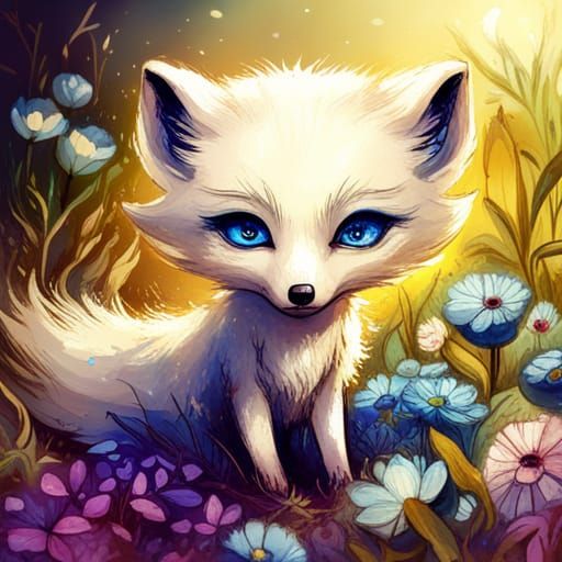 Chibi Arctic Fox with Blue Flowers