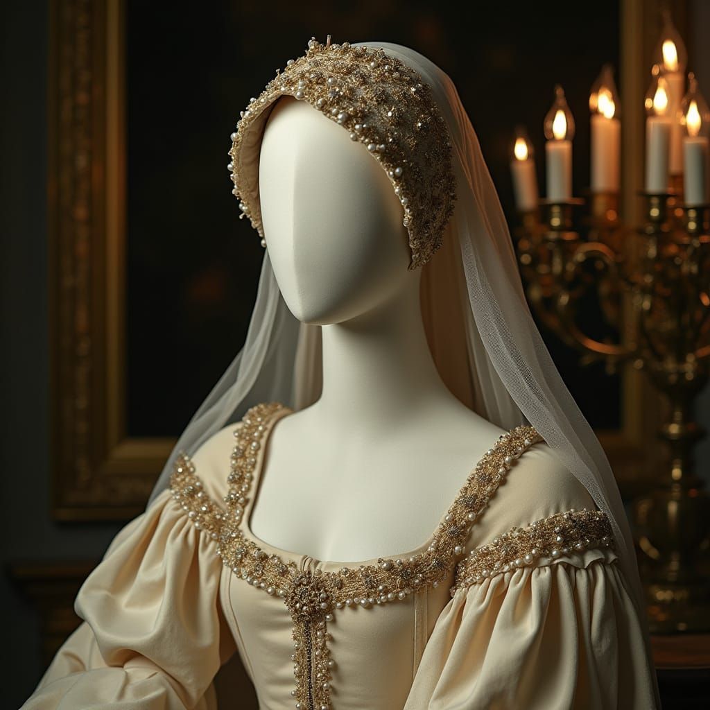Ornate Medieval Headpiece with Veil and Pearls