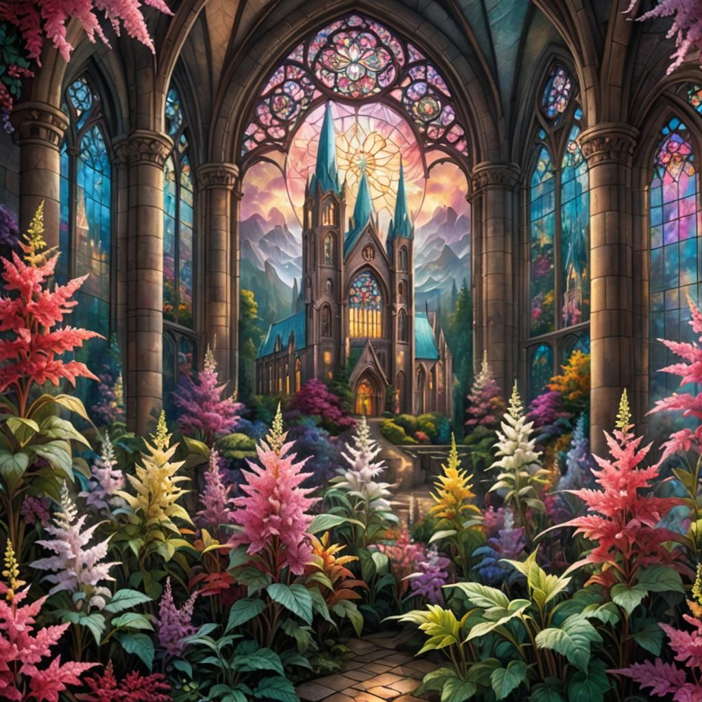 Stained Glass Cathedral with Astilbe Flower