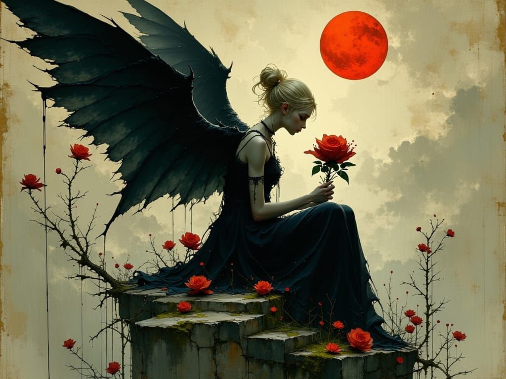 Gothic Woman with Wings and Roses