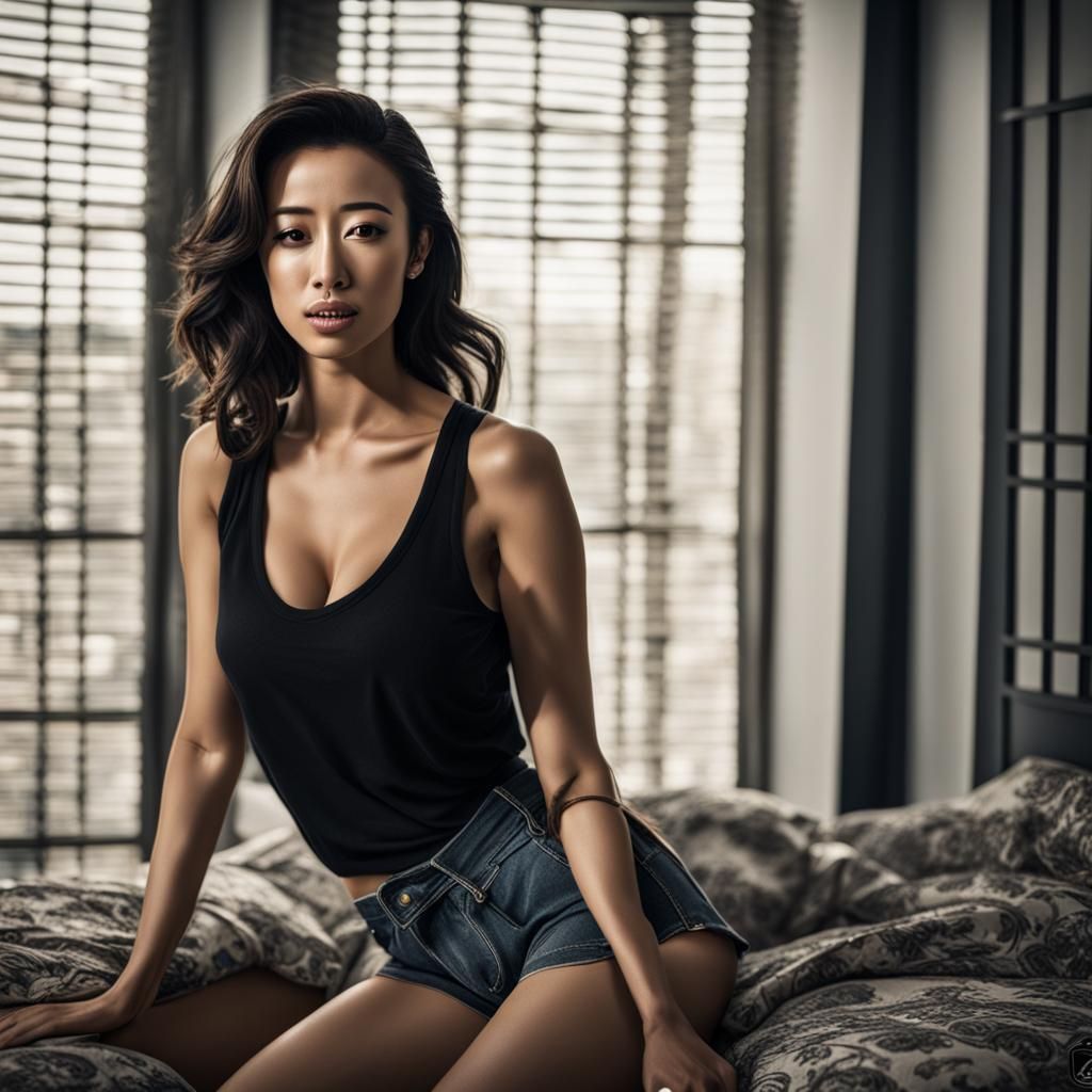 Hyperrealistic Close-Up of a Woman in Bedroom