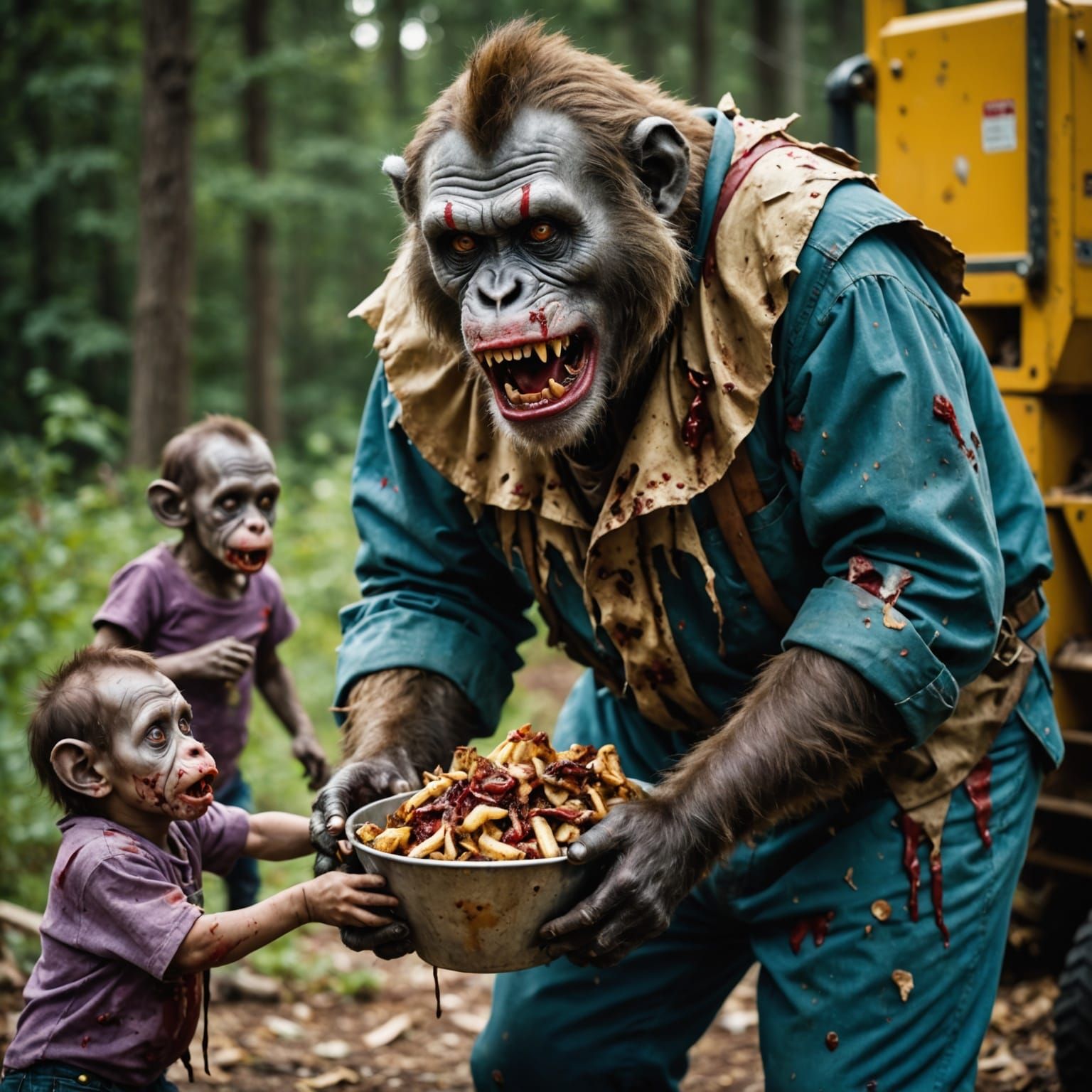 Cyberpunk Horror: A Zombie Monkey Monster Feeds His Young in...