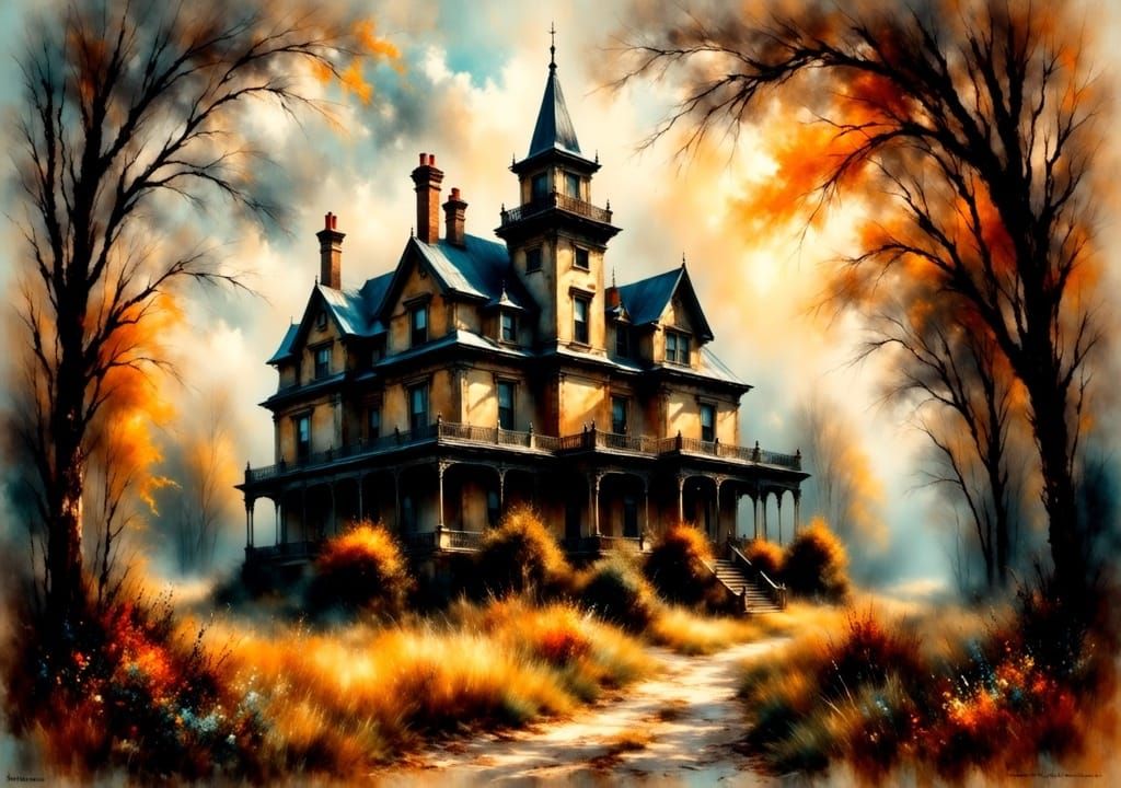 Spooky Haunted House in Gouache Watercolor Style