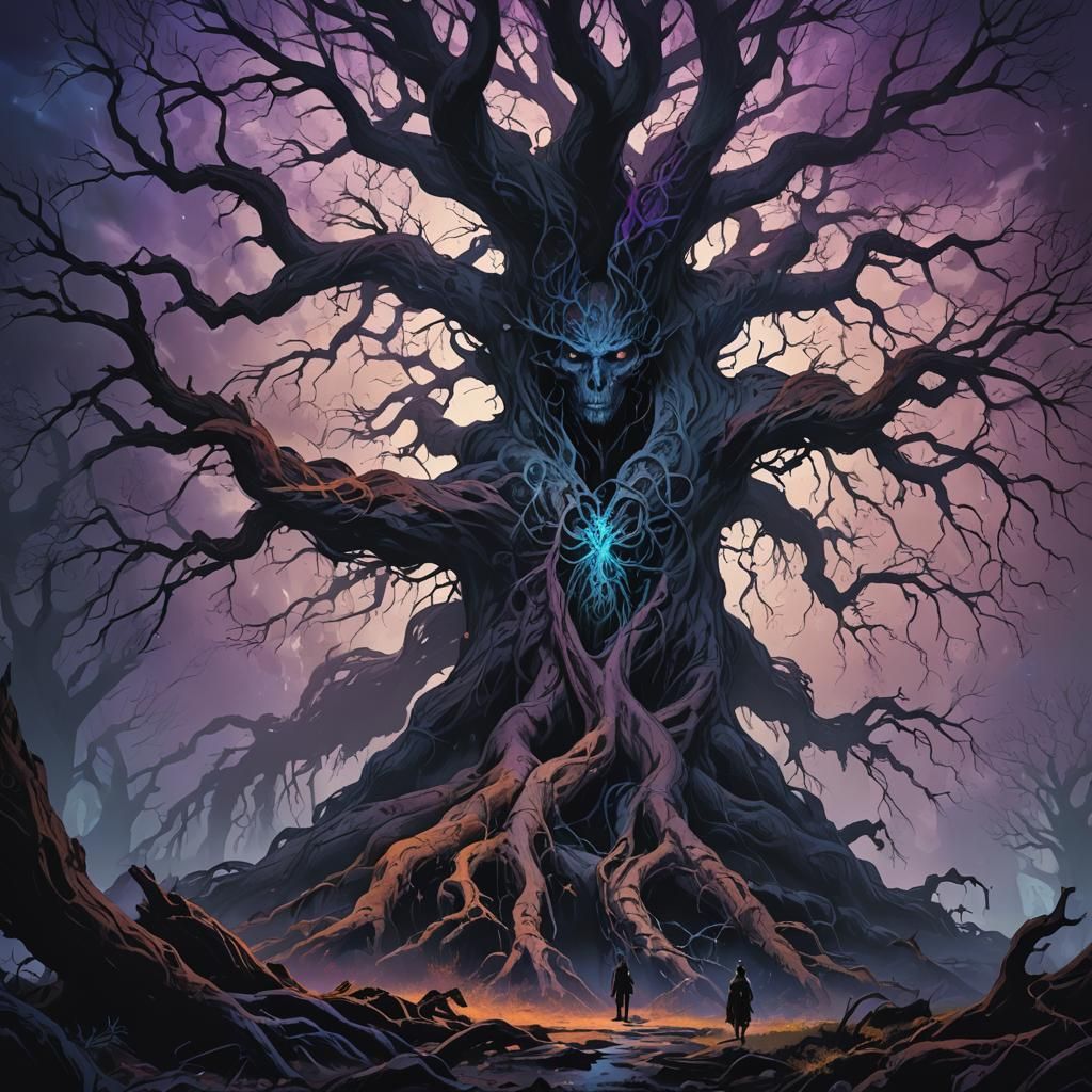 Eerie Dark Fantasy Scene with Ancient Tree