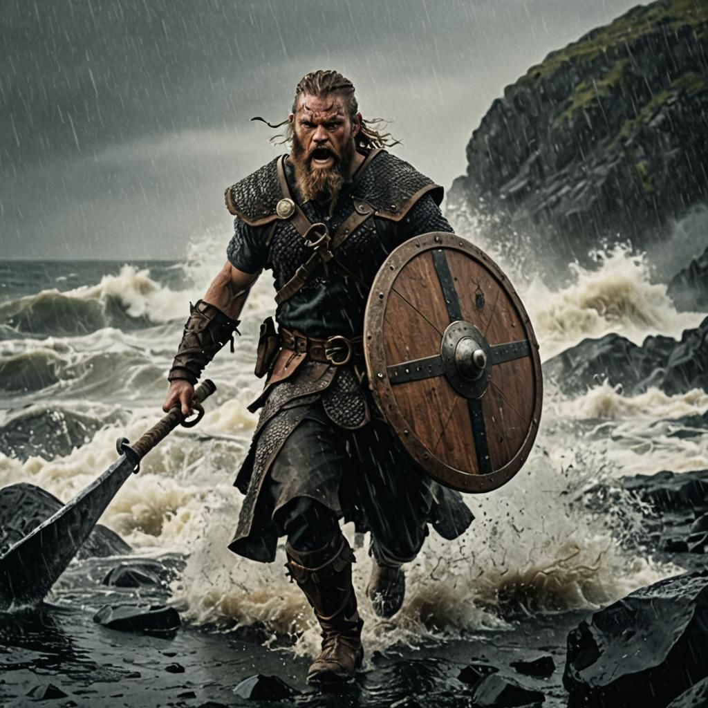 Viking Raider Emerges from Stormy Sea: Cinematic Still