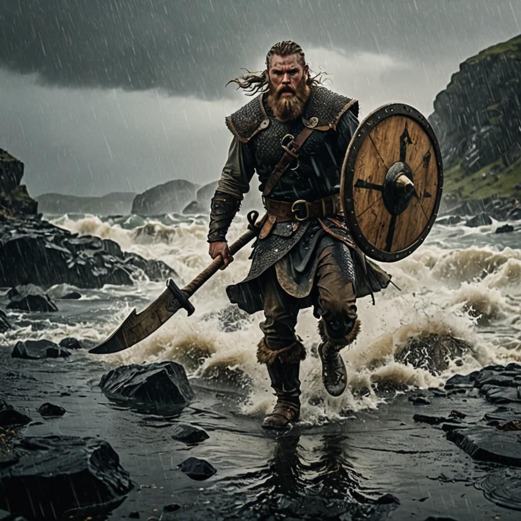 Viking Raider Emerges from the Sea: Cinematic Film Still