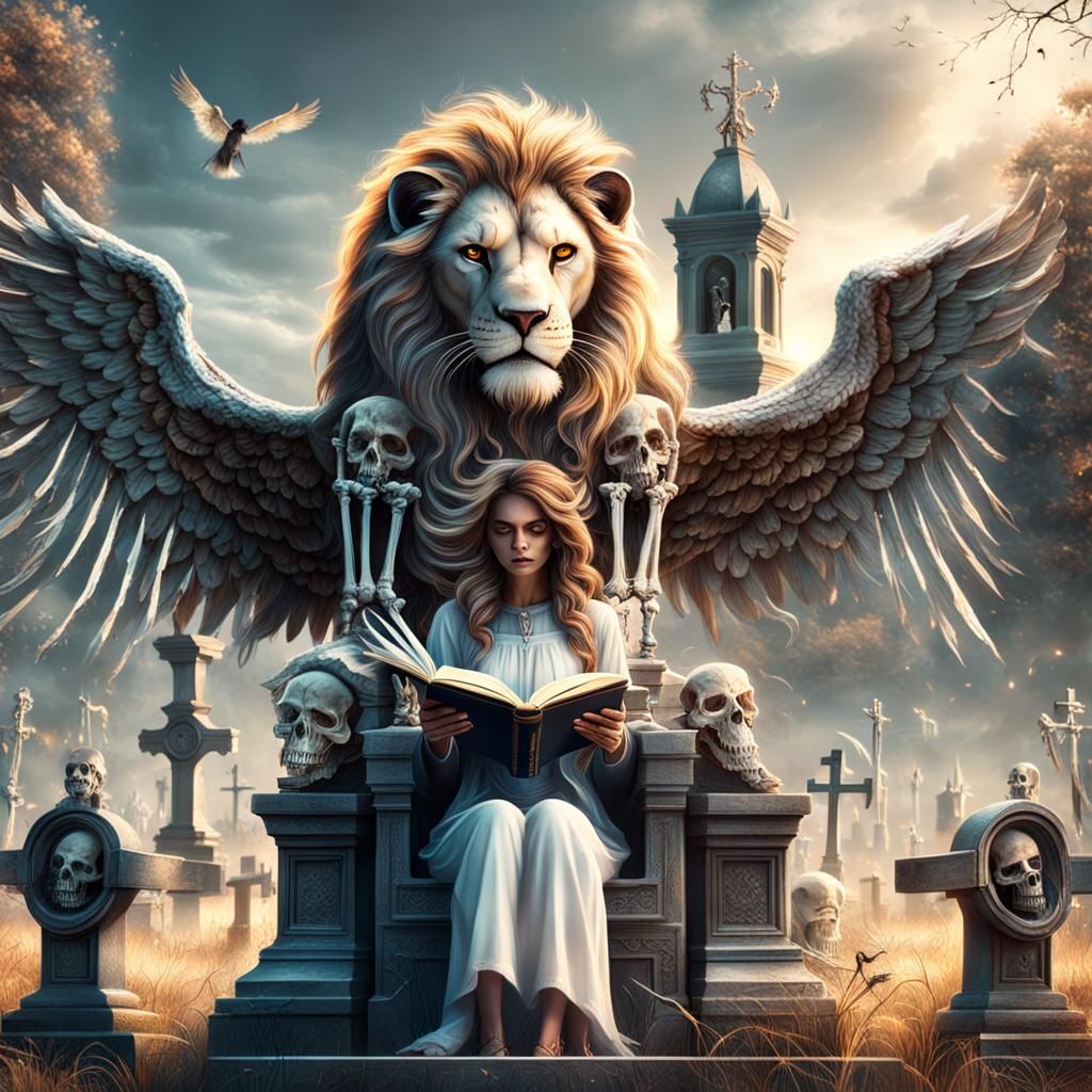 Lion Girl with Skeleton Wings Reads in Graveyard