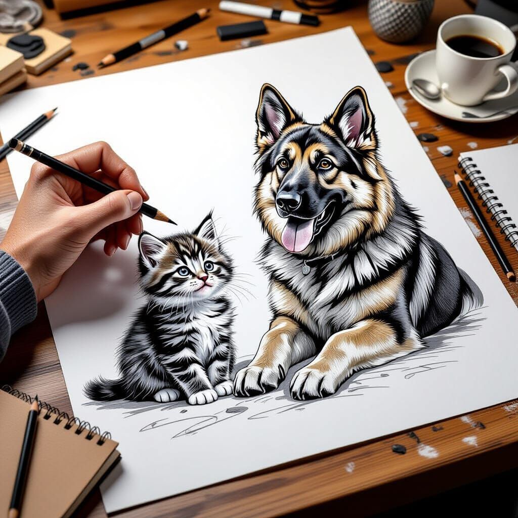 Detailed Graphite Sketch of Kitten and German Shepherd