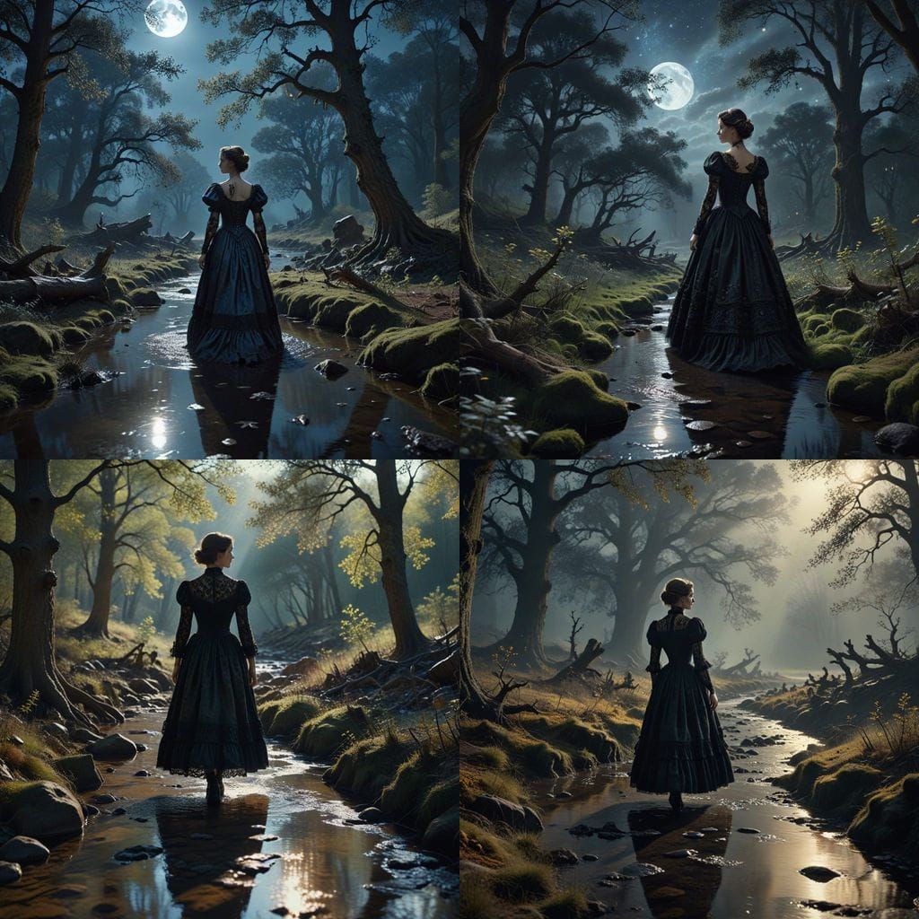 Victorian Woman in Oak Forest Oil Painting