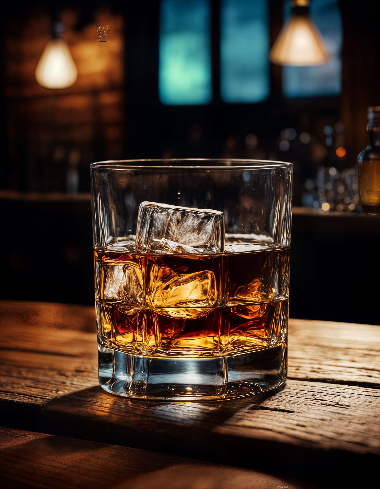 Elegant Whiskey on a Wooden Bar in Cinematic Style
